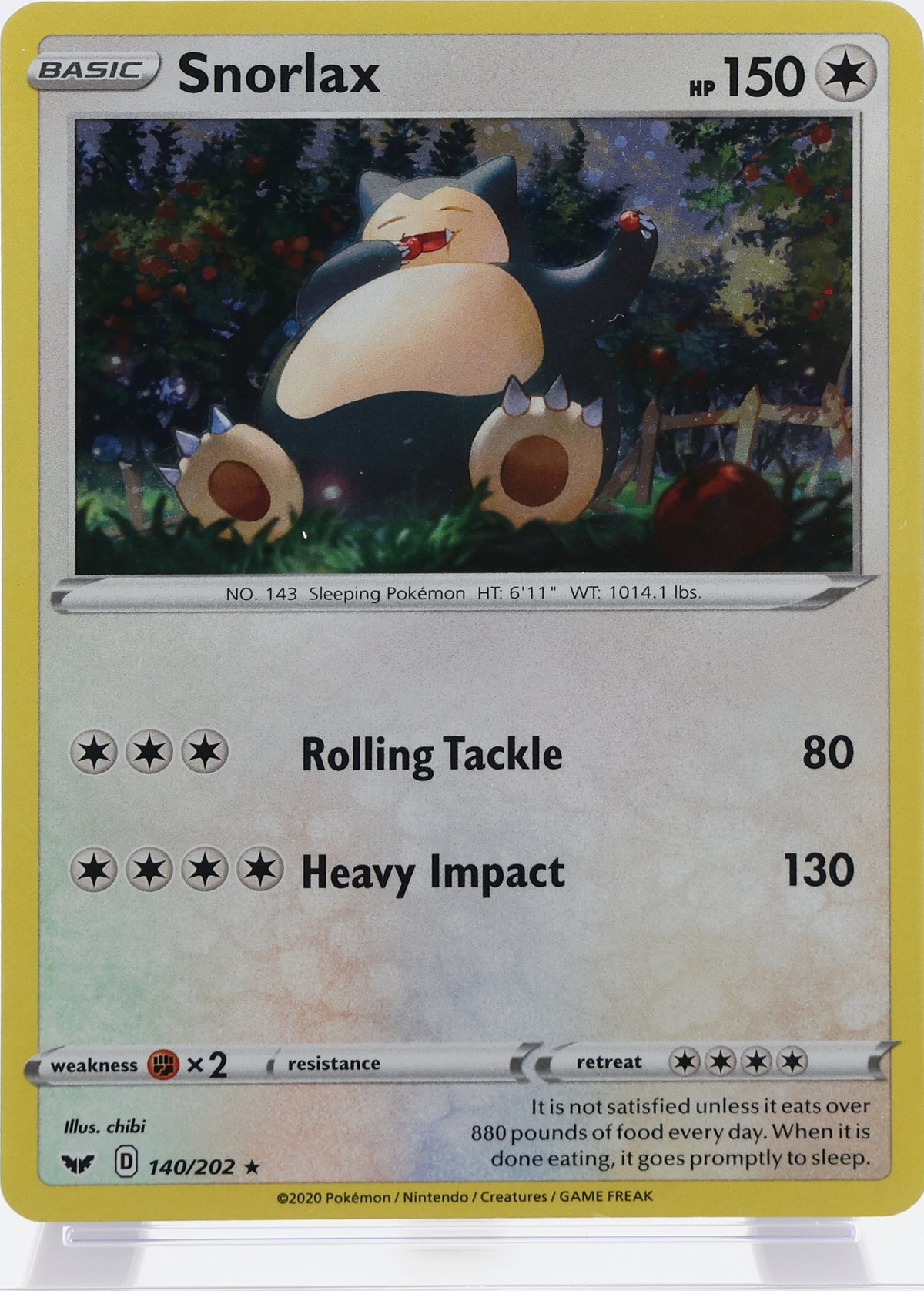 Snorlax · Sword & Shield · 140/202 · actual card-only photograph · illustrated holder display