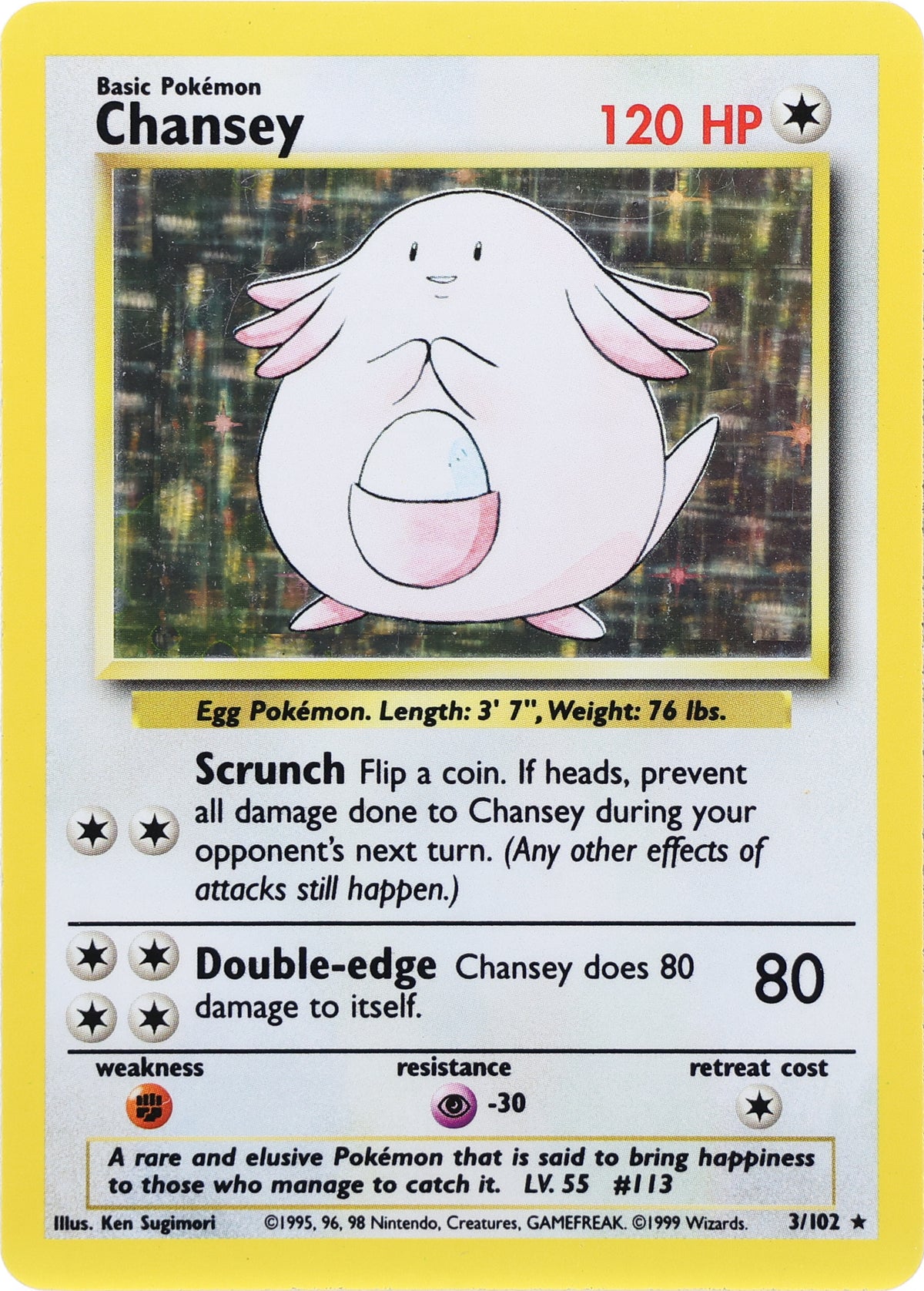 Chansey · Base Set · 3/102 · actual card-only photograph