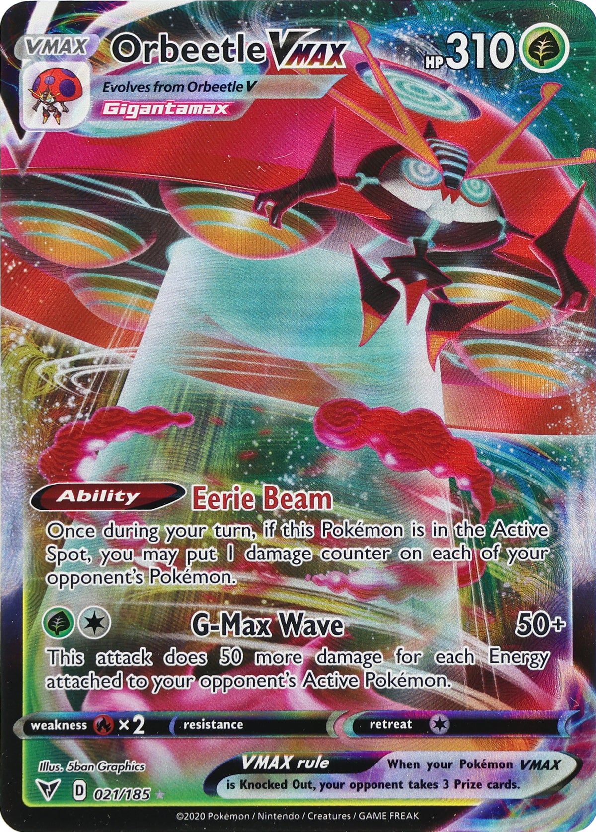 Orbeetle VMAX · Vivid Voltage · 021/185 · actual card-only photograph
