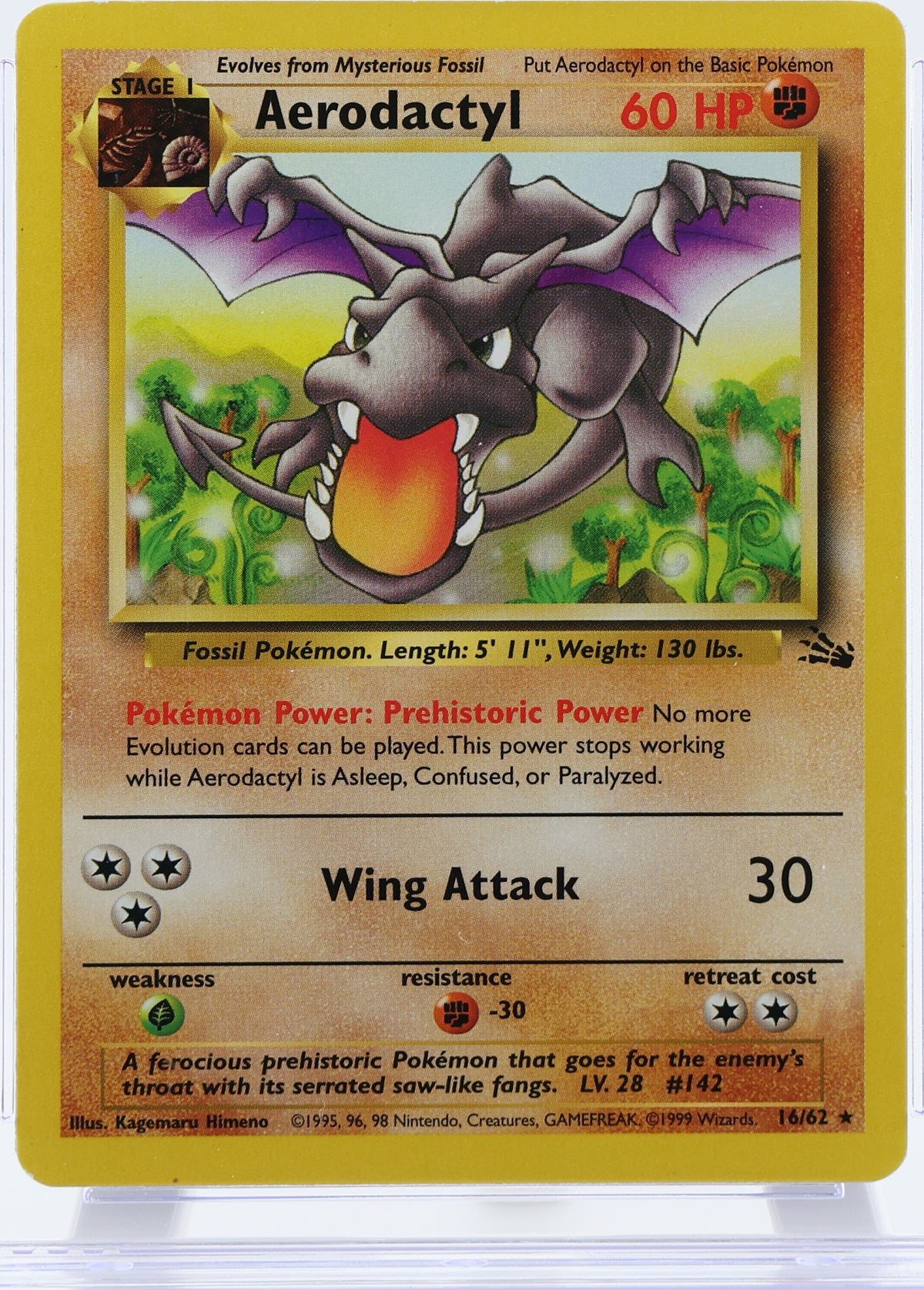 Aerodactyl · Fossil · 16/62 · actual card-only photograph · illustrated holder display
